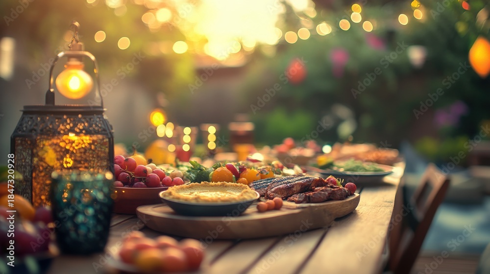 Fototapeta premium A warm and inviting Iftar table with a rich assortment of Middle Eastern on blurred background