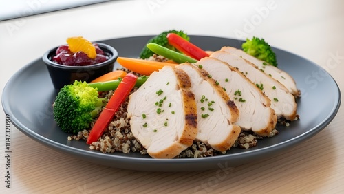 Delicious healthy dinner plate featuring grilled chicken breast and a pork chop served with fresh green vegetables and a side salad