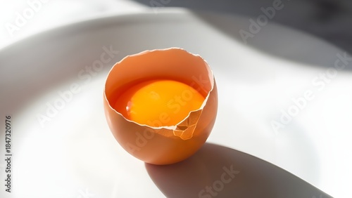 Fresh raw chicken eggs and a cracked brown shell with a bright yellow organic yolk are isolated on a black background as healthy cooking ingredients for a protein-rich breakfast meal