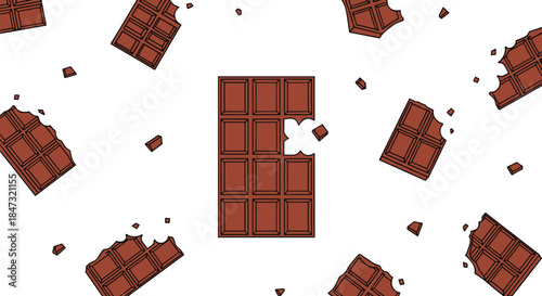 Sweet Chocolate Bar Vector Illustration with Missing Bite, Scattered Pieces, Crumbs, and Delicious Confectionery Dessert Food