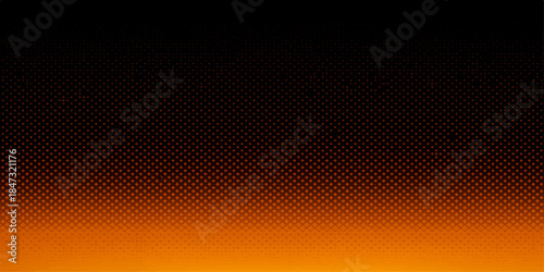 Abstract orange vector background featuring a digital halftone pattern of circular dots and wave elements with a dark grid texture for modern wallpaper design