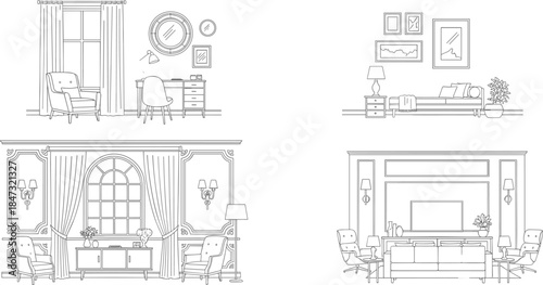 Set of four detailed interior room scenes line art vectors, including living rooms, a study, and paneling, isolated on white.
