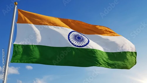 Vibrant flag with saffron, white, green stripes & blue chakra on pole waving gently against a bright blue sky
