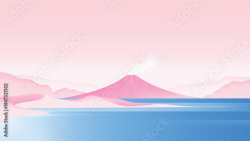 Minimalist volcanic island landscape with large pink volcano emitting smoke, centered above a calm blue lake with pink landforms