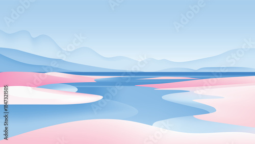 Minimalist estuary landscape with รslands and rocky outcrops surrounding a river mouth, with mountains and sky in the background