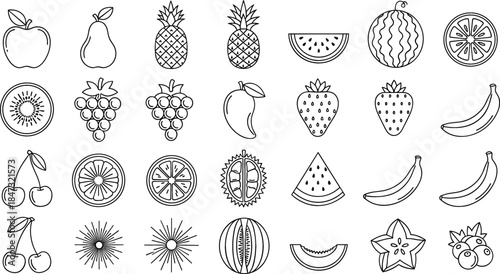 Line Art Vector Icon Set of Various Fruits, Produce, Tropical Food, Healthy Eating, and Natural Organic Fresh Groceries