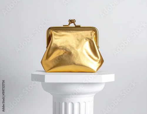 Golden clutch purse, closed, on white pedestal, against plain white background