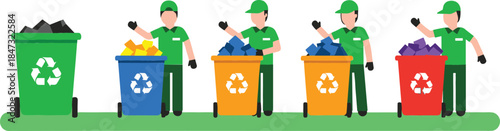 Waste Management and Recycling Vector Illustration Set Featuring Workers Sorting Trash, Color-Coded Bins, and Environmental Sustainability Concept