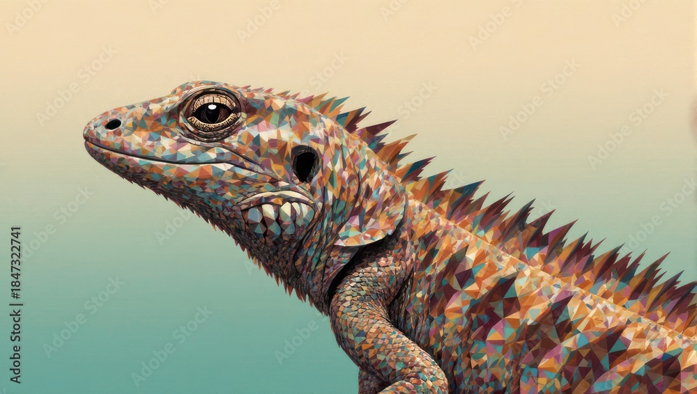 Fototapeta premium Close-up of a colorful iguana with detailed scales and a spiky dorsal crest against a gradient background.
