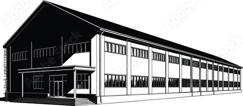 Black and White Architectural Vector Illustration of Large Industrial Warehouse Building, Commercial Factory, Logistics Center, or Storage Facility