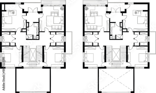 Detailed Architectural Floor Plan Technical Vector Drawing for Residential Housing Layout, Interior Design, Home Construction, and Real Estate Blueprint