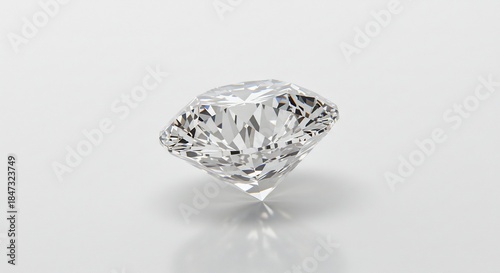 白い背景にまばゆく輝くラウンドブリリアントカットダイヤモンド。純粋な輝きと光の美しい反射が際立つ高級感溢れるジュエリー。. AI Generated
