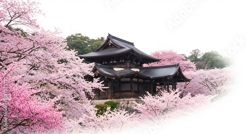 柔らかな春の光が古刹と満開の桜を優しく照らす 伝統的な日本建築が薄紅色の花びらに包まれ幻想的で穏やかな美しさを醸し出す. AI Generated