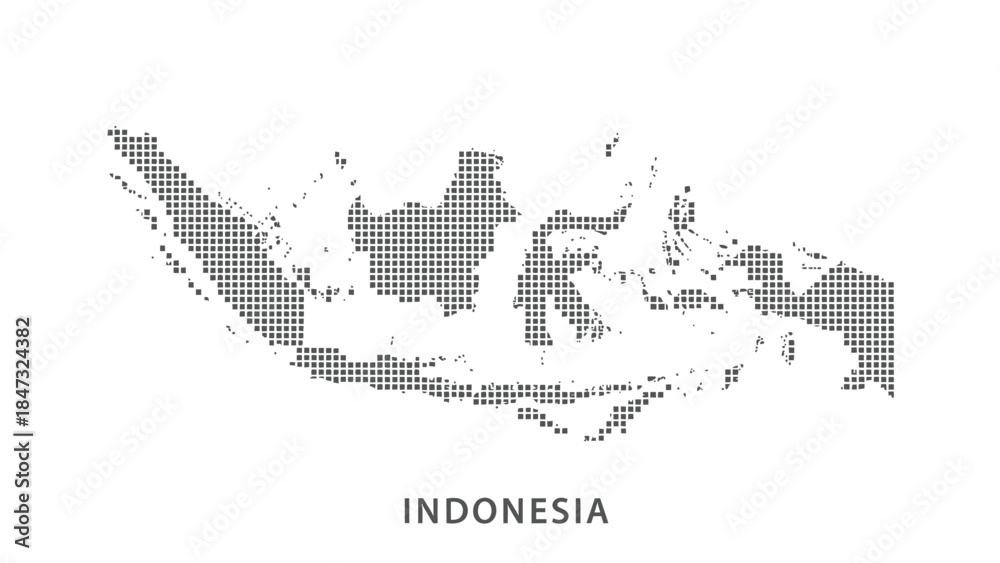 Fototapeta premium Vector illustration of Dotted map of indonesia archipelago showing islands and landmasses in a pixelated graphic style with the country name below