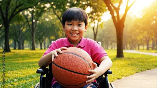Young boy in wheelchair holding basketball smiling in bright park sunlight