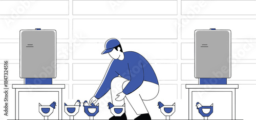 Farmer in a poultry barn collecting fresh eggs from happy chickens, symbolizing ethical and sustainable chicken farming and food production