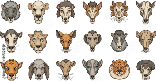 A collection of different animals featuring a cute cartoon dog, cat, and horse vector illustration set with a group of zoo mammals like the elephant and tiger isolated on white