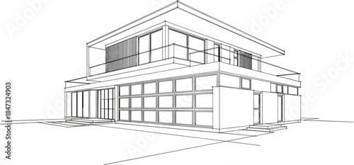 Architectural sketch vector of a luxurious two-story modern house exterior with large glass windows and minimalist residential building design