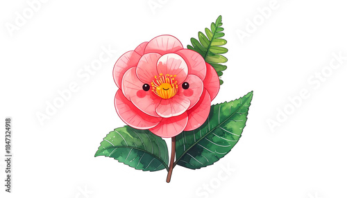 Watercolor style cartoon flower with cute face, pink petals, green leaves, on black