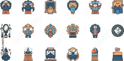 A set of funny cartoon children and people icons with different emotions featuring a robot, house, and holiday toy in a vector illustration design pattern for kids