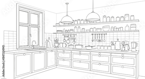 Detailed vector line art drawing of a modern, organized kitchen interior with utensils, shelves, appliances, and a window for architectural design