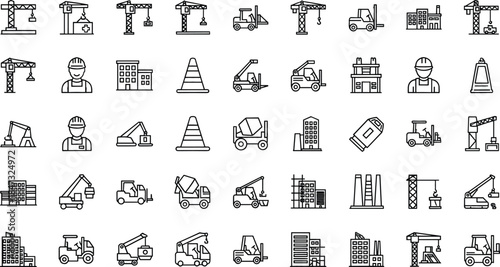 Comprehensive line icon set of various construction vehicles, machinery, buildings, and workers for civil engineering and industrial development interface design