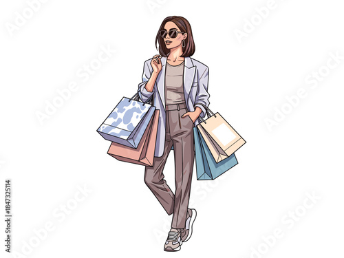 Stylish woman with shopping bags enjoying a day of retail therapy, carrying purchases in her hands