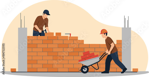 Skilled construction workers building a durable brick wall structure with mortar and wheelbarrow, symbolizing residential or commercial property development and masonry