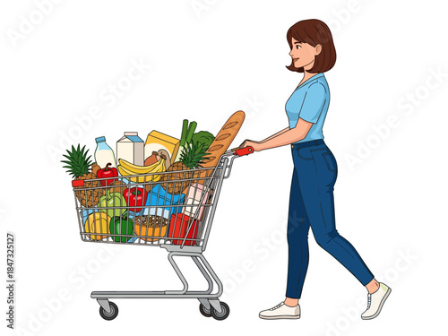 Cheerful young woman pushing a fully loaded shopping cart, filled with fresh produce, dairy, and essential groceries, depicting a successful retail experience or supermarket trip