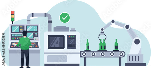 Worker operating a sophisticated factory production line with automated robotic arms handling bottle packaging, symbolizing modern industrial efficiency and control