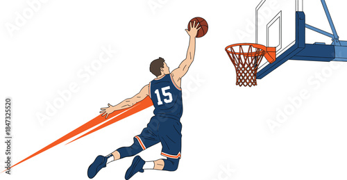 Energetic male basketball player leaping for a powerful slam dunk, scoring points during a competitive professional or college sports game