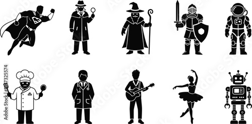 A professional collection of black vector business people silhouettes and family figures featuring a stylish set of men and women icons in a walking stick figure pictogram design