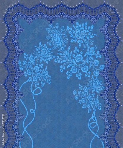 Blue Floral Lace Textile Design – Ornamental Wallpaper with Ribbon Vines and Symmetrical Rose Motifs