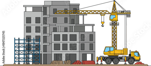 Construction site illustration showing a building in progress with scaffolding, construction materials, and a large mobile tower crane
