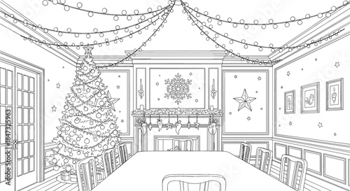 Elegant line art drawing of a formal dining room decorated for Christmas with a large table, tree, and stockings on the fireplace