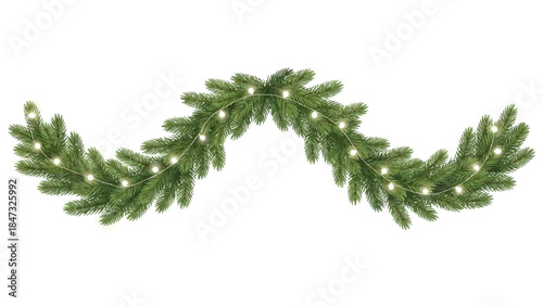 Festive green Christmas garland with white lights on plain background