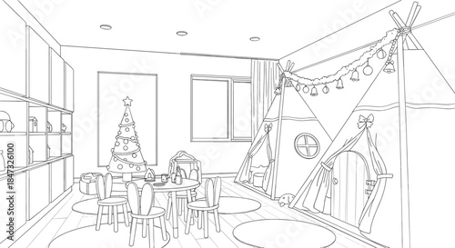 Cozy modern kids' playroom or bedroom decorated for Christmas, featuring teepee tents, a small Christmas tree, and garland lights