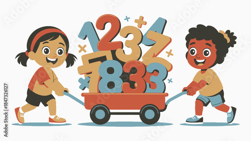 Happy young children joyfully pulling a wagon filled with various colorful numbers and mathematical symbols