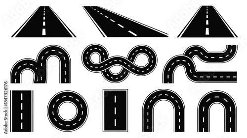 Illustrative set of varied road segments including straight, curved, and winding paths for navigation concepts