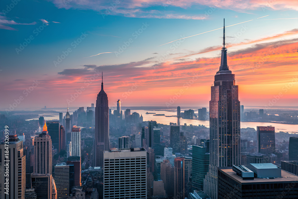 Naklejka premium New York City skyline at sunset with skyscrapers 