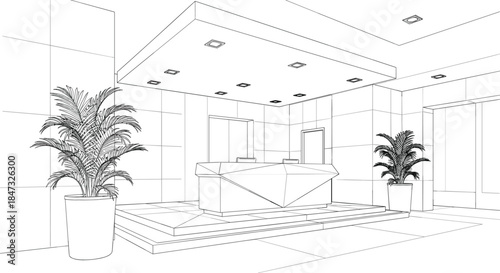 Detailed line art perspective of a modern, stylish office lobby reception area with a geometric counter and contemporary interior design