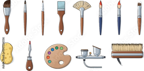 Professional set of isolated artist paintbrushes featuring wooden handles and natural hair for creative art design and painting work