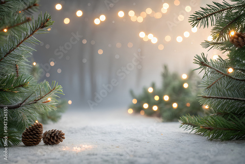 Winter forest with Christmas lights and snow
