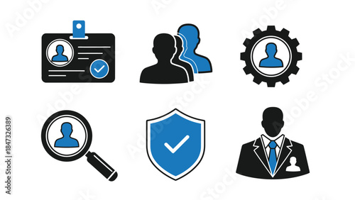 Vector illustration of Collection of modern flat icons representing human resources, security, and search functions in business and professional settings