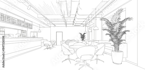 Detailed line art perspective of a modern, stylish interior cafe, canteen, or office breakroom with seating and service counter
