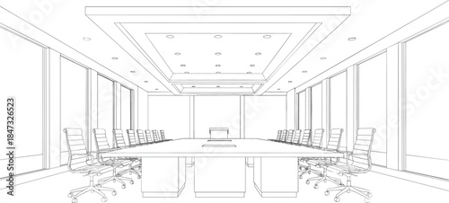 Detailed line art perspective of a modern corporate conference room with a long table, executive chairs, and large windows