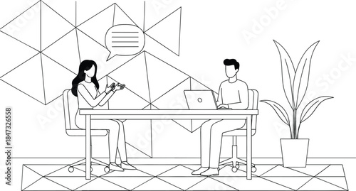 Business interview or professional consultation where a man and woman are discussing ideas at an office desk in a modern workspace
