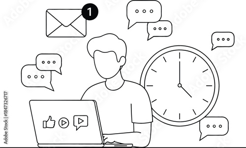 Man working efficiently on a laptop while managing multiple tasks, communication messages, and time constraints in a busy digital environment