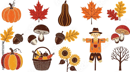 A decorative nature collection featuring a vector set of autumn leaves with maple patterns and orange fall icons for seasonal Halloween and holiday design