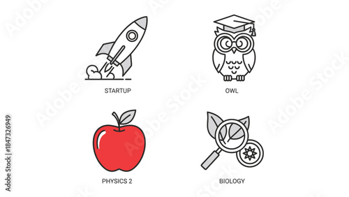Vector illustration of Collection of educational icons including a rocket, owl with graduation cap, apple, and magnifying glass with leaf, presented in a clean, modern line art style